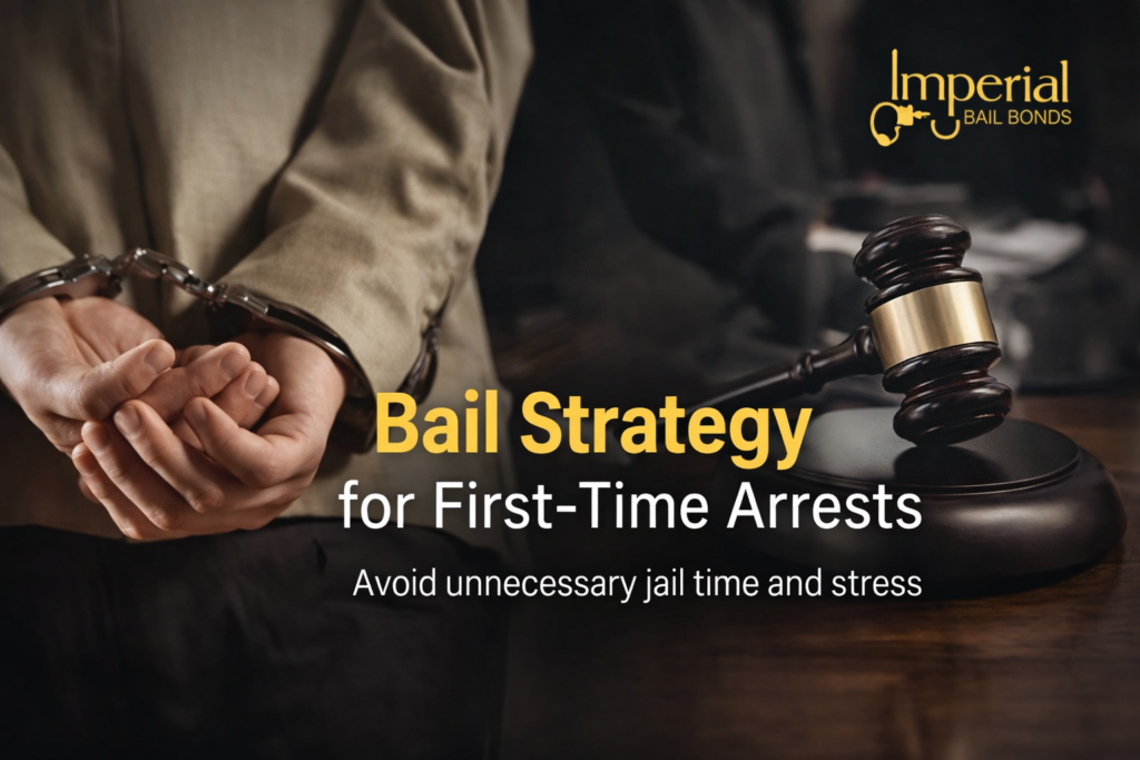 Bail strategy for first-time arrests with handcuffs and judge gavel.